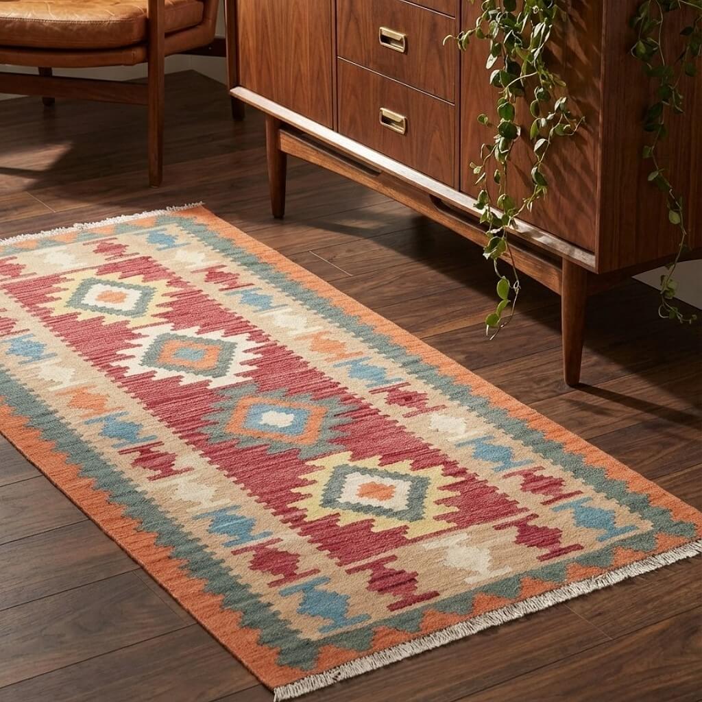 Covor traversa din lana tesut manual in stil traditional Kilim Gashghai (195cm x 89cm) multicolor pe parchet in camera de zi