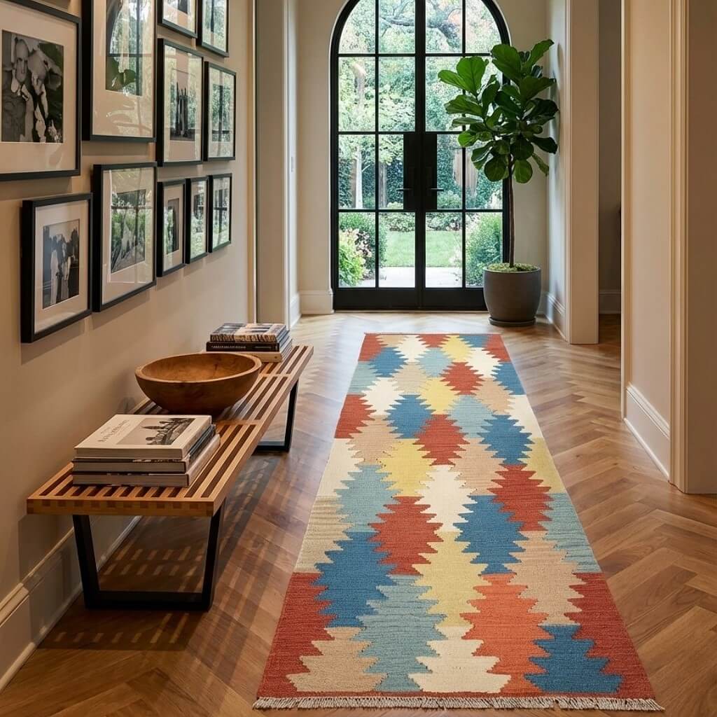 Covor traversă multicolor din lână tesut manual Kilim Gashghai (247cm x 61cm) pe holul de la intrare