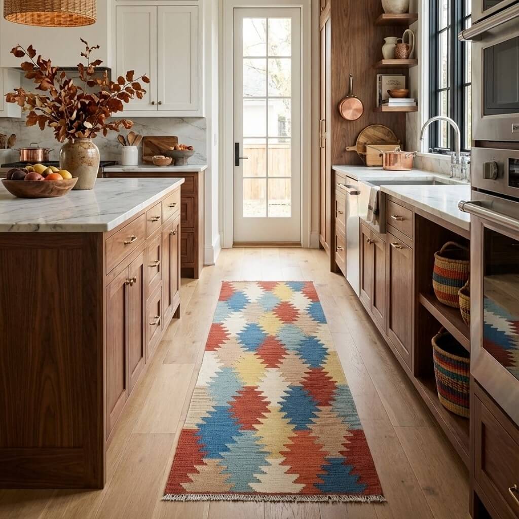 Covor traversă din lână tesut manual Kilim Gashghai (247cm x 61cm) in fata insulei din bucatarie