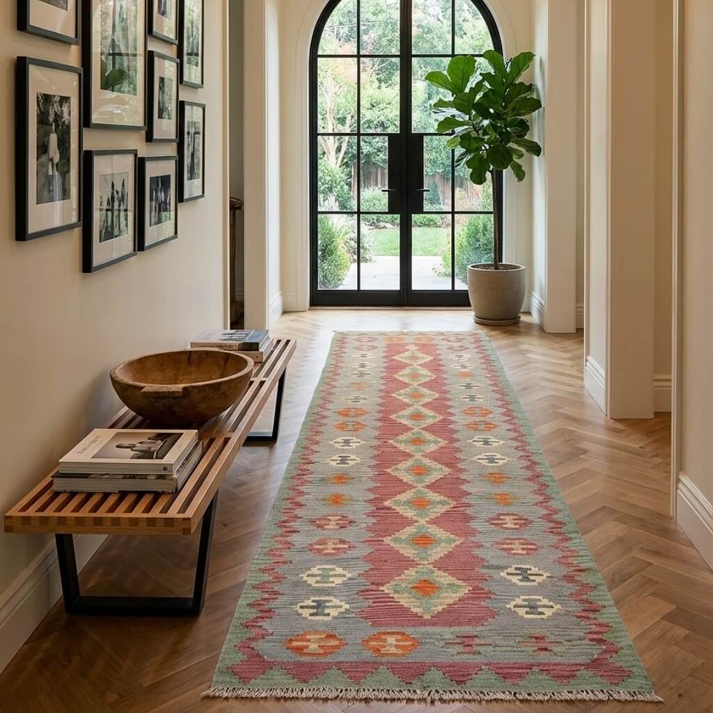 Traversa lunga din lână țesuta manual cu motive geometrice in culori pastel, Kilim Gashghai (490cm x 106cm) pe hol la intrare