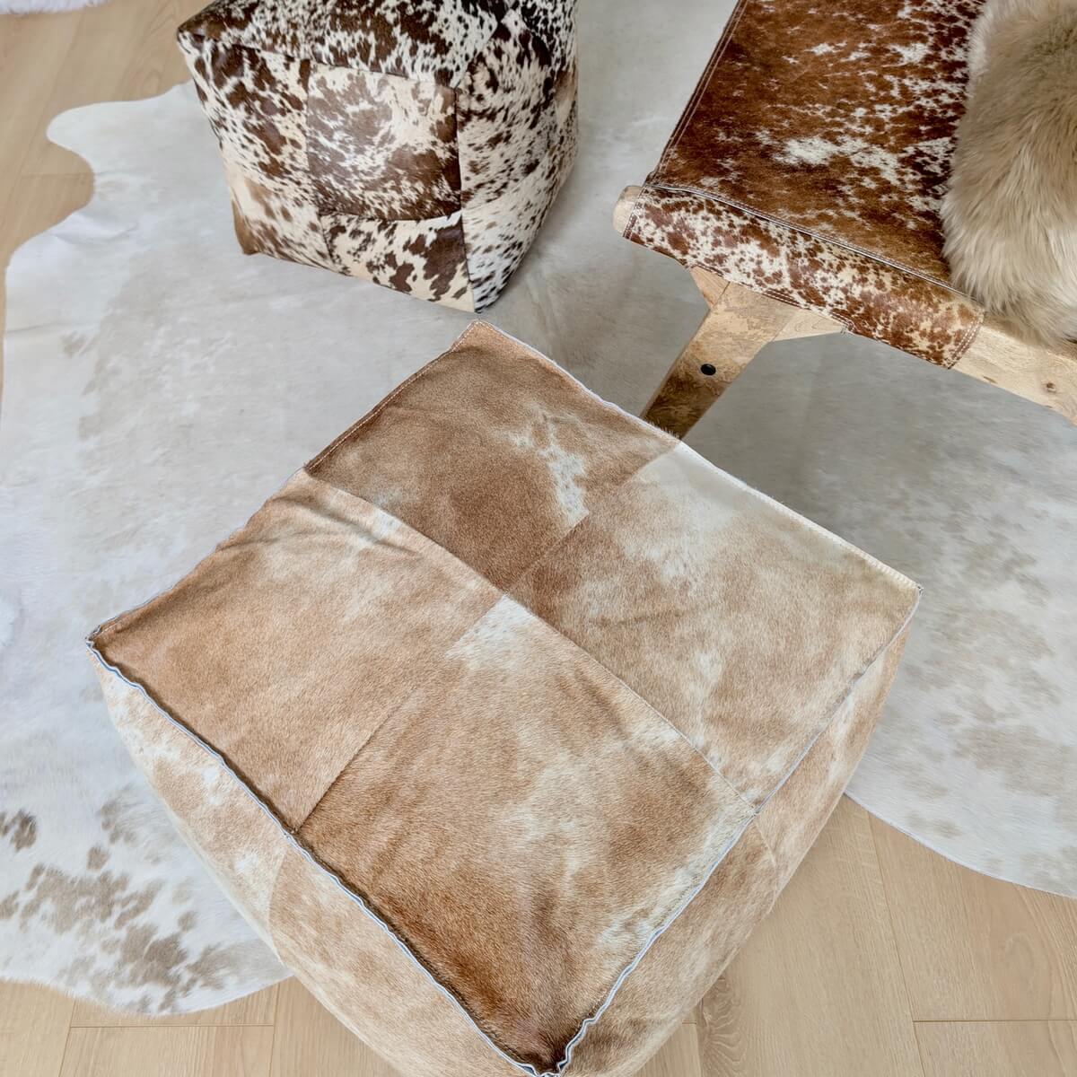 Taburet Puf din Piele Naturala de Vaca, Maro & Alb, cu fotoliu si taburet piele