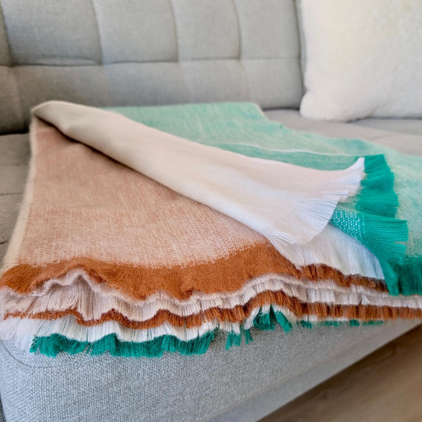 Pătură în dungi din lână de alpaca, Verde Bej și Maro Natural - zoom 2