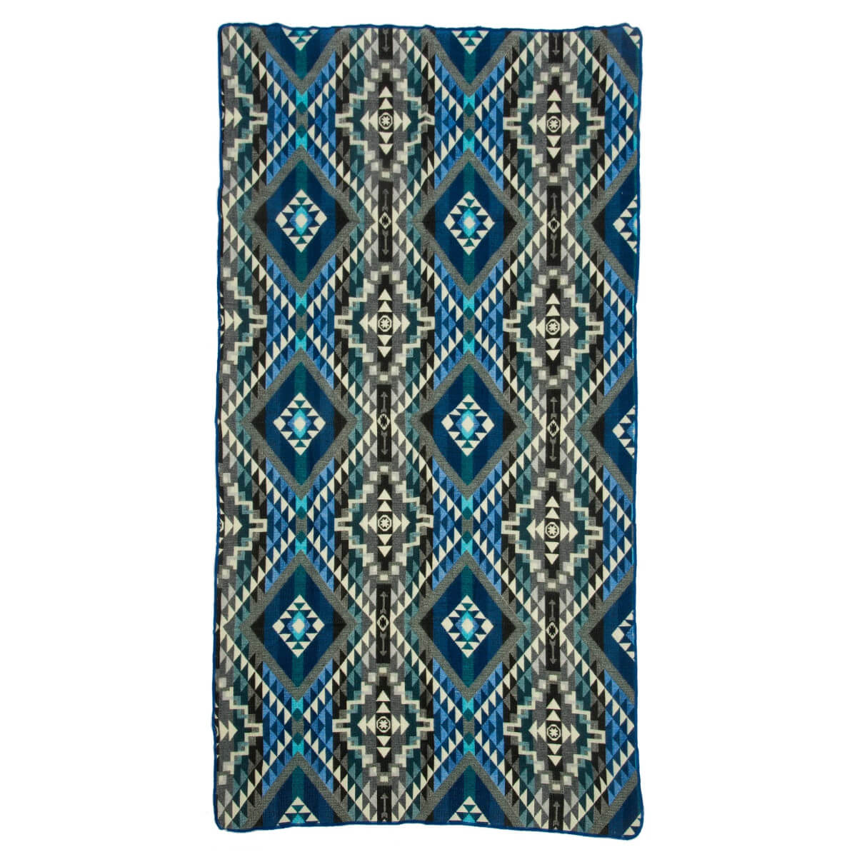 patura mica din lana de oaie alpaca cu motive aztece albastru cu negru chimborazo fata