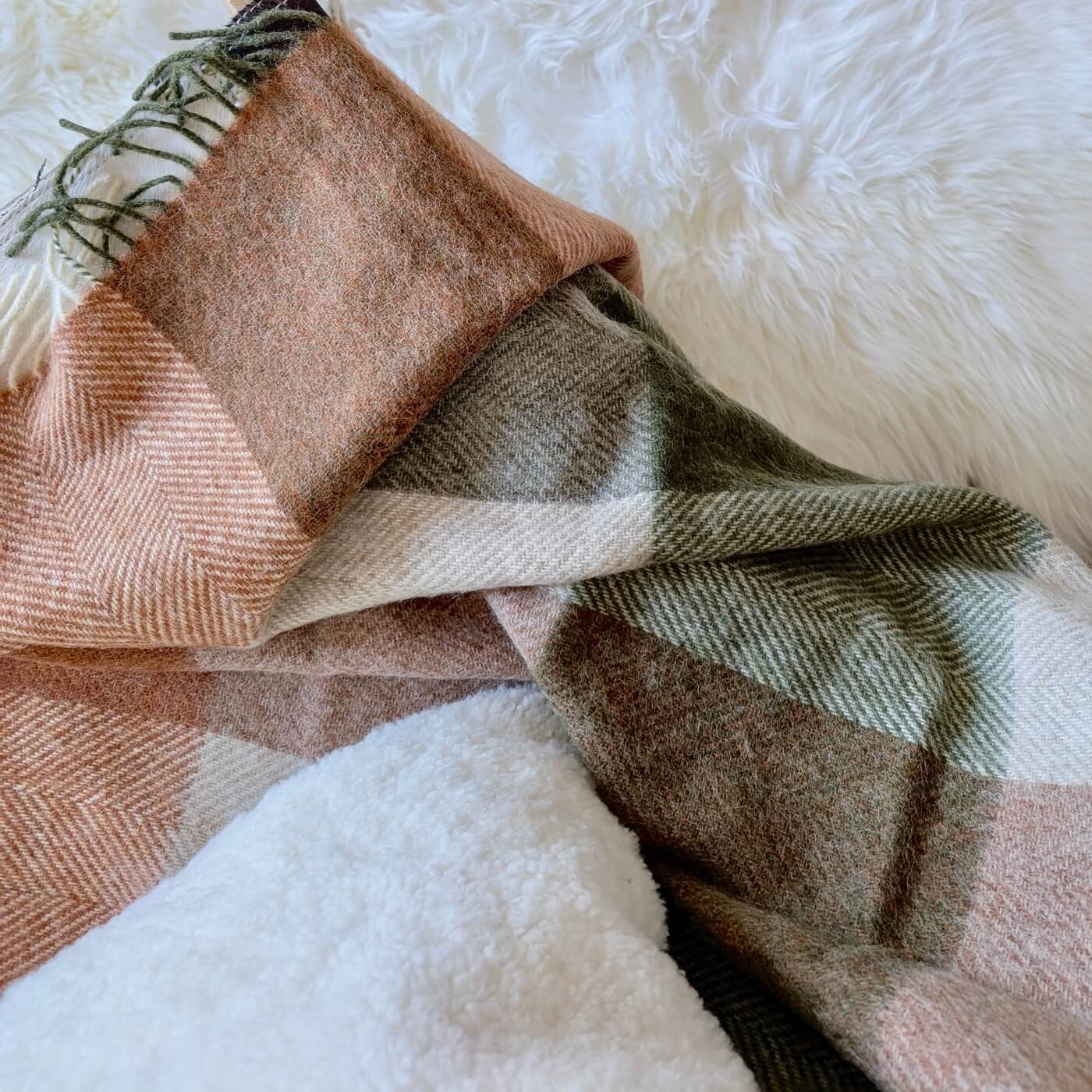 Pătură 100% din lână pură nouă Block Check, Teracota / Verde Salvie - zoom 2