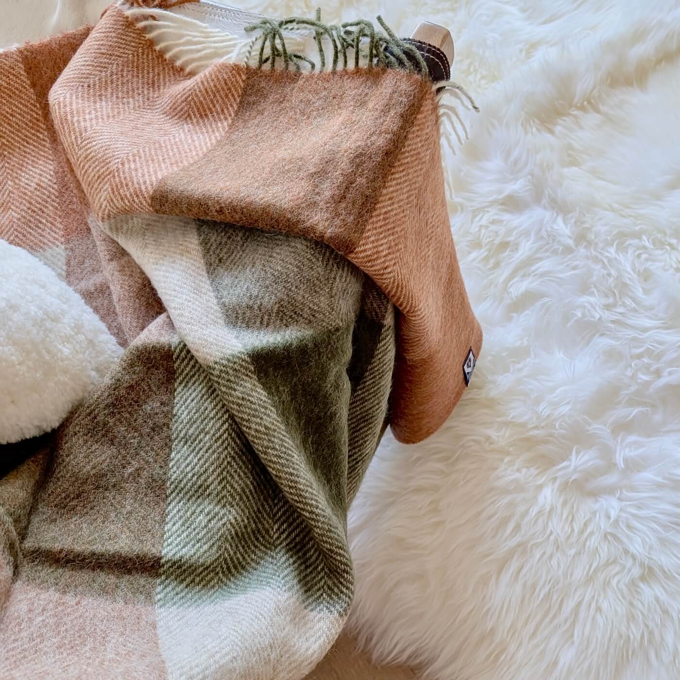 Pătură 100% din lână pură nouă Block Check, Teracota / Verde Salvie - zoom 3