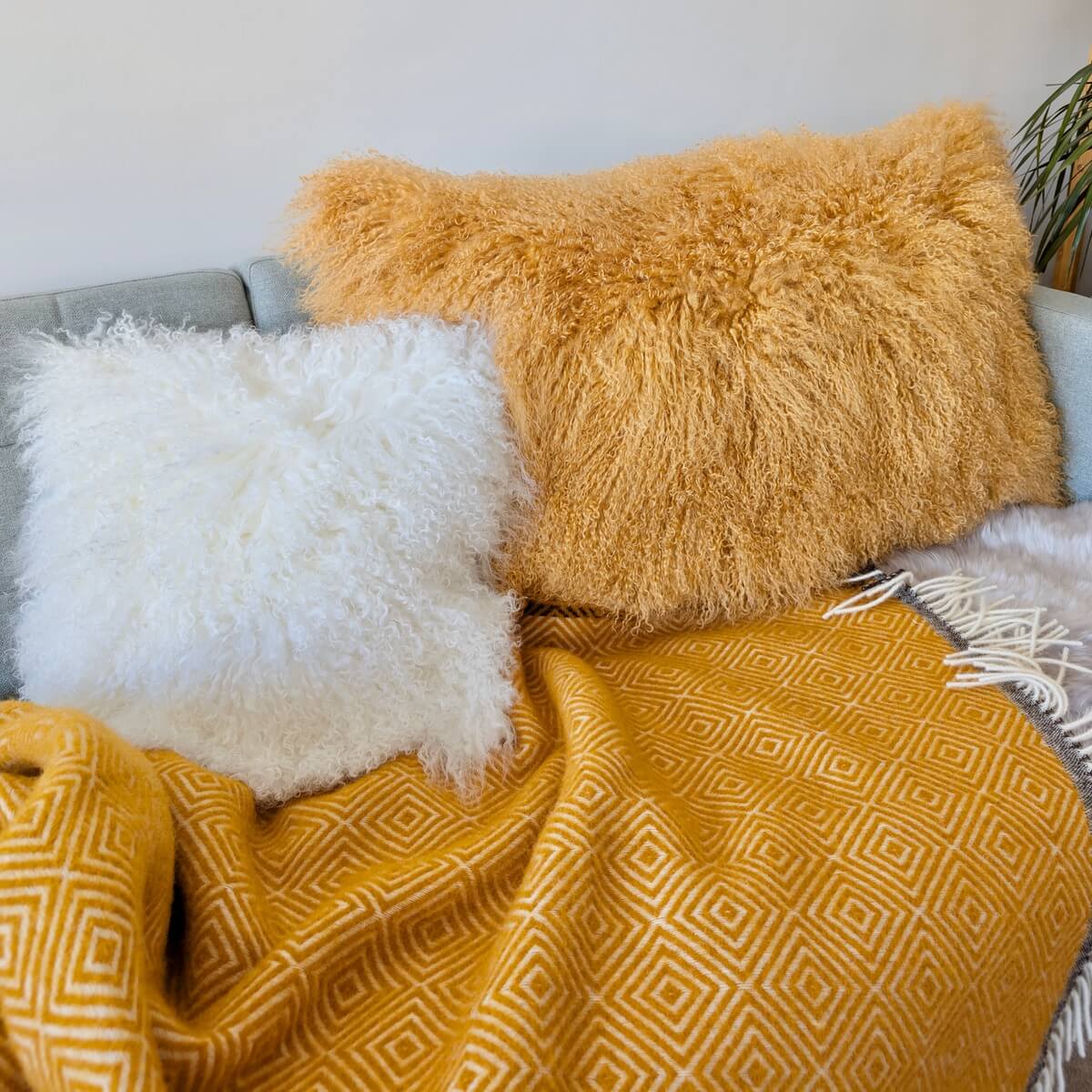 decor frumos modern cu patura groasa Venezia si perne tibetane XXL culoare mustar