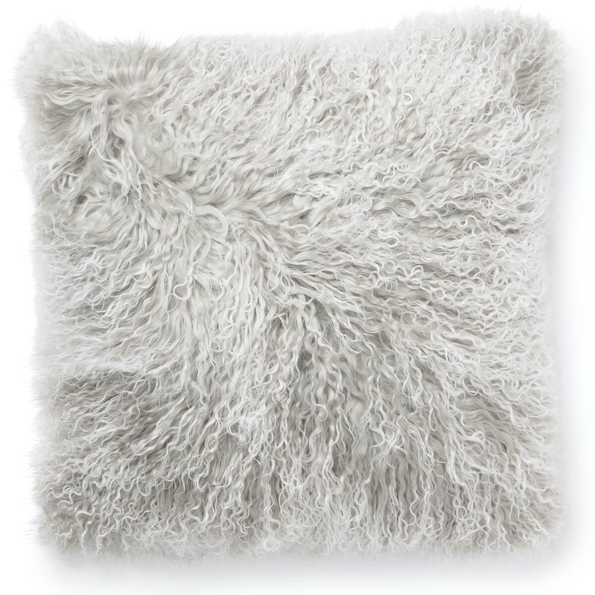 Perna decorativa din blana de oaie tibetana cu fir lung incretit si varfuri deschise inzapezite, gri deschis inzapezit