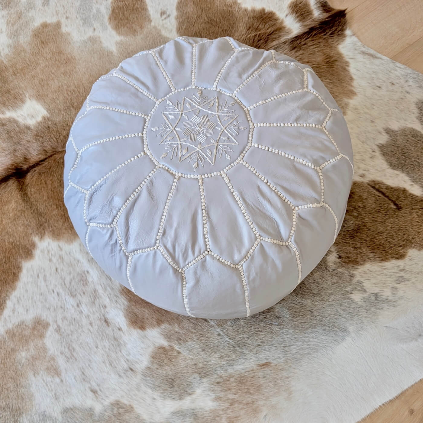 Taburet Pouf din Piele Naturală, autentic marocan, Gri Deschis