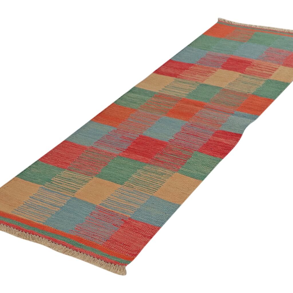 Covor traversa din lână țesut manual cu model in patrate in culori vibrante, Kilim Gashghai (201cm x 62cm)