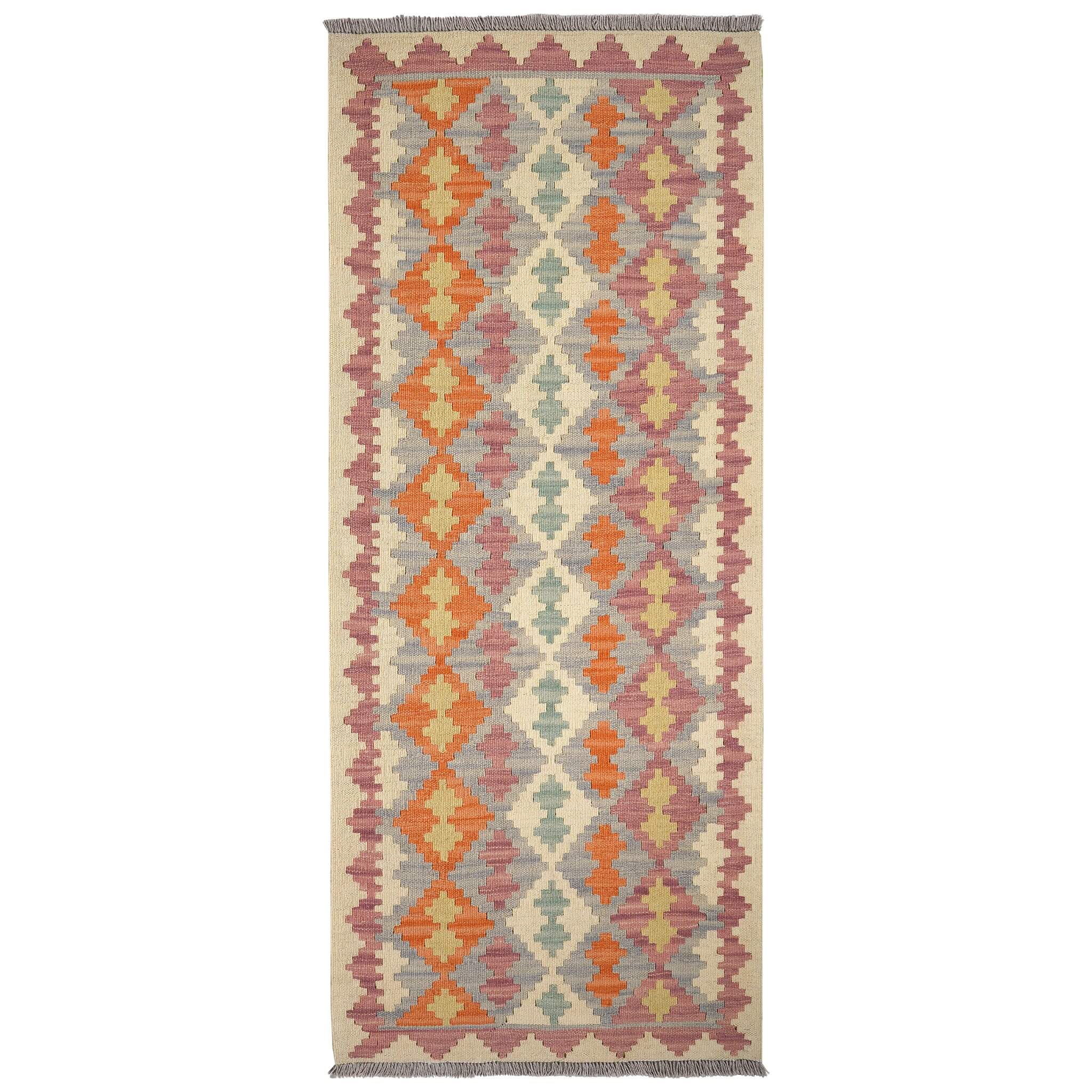 Covor traversa din lână țesut manual cu motive traditionale geometrice in culori pastel, Kilim Gashghai (204cm x 85cm)
