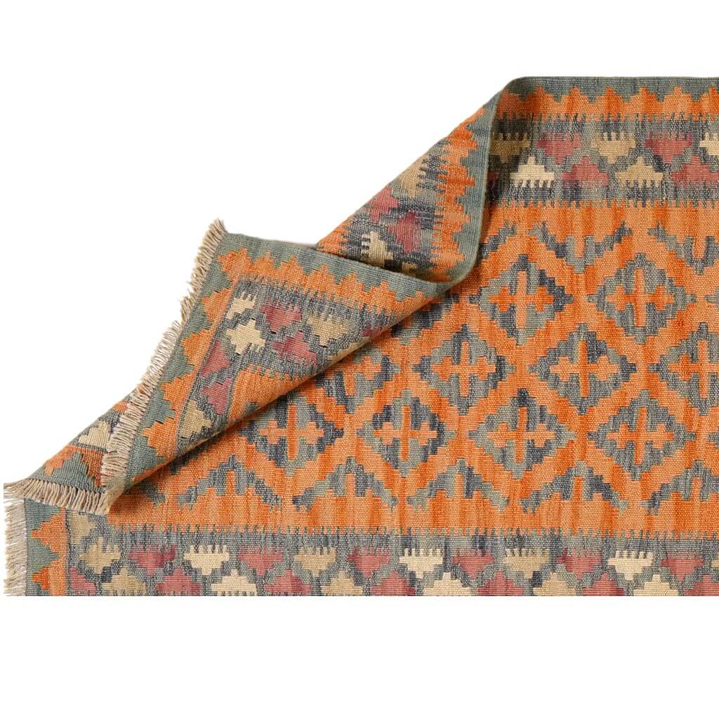 Covor traversa reversibil din lână țesut manual cu motive geometrice predominant portocaliu, Kilim Gashghai (403cm x 86cm)
