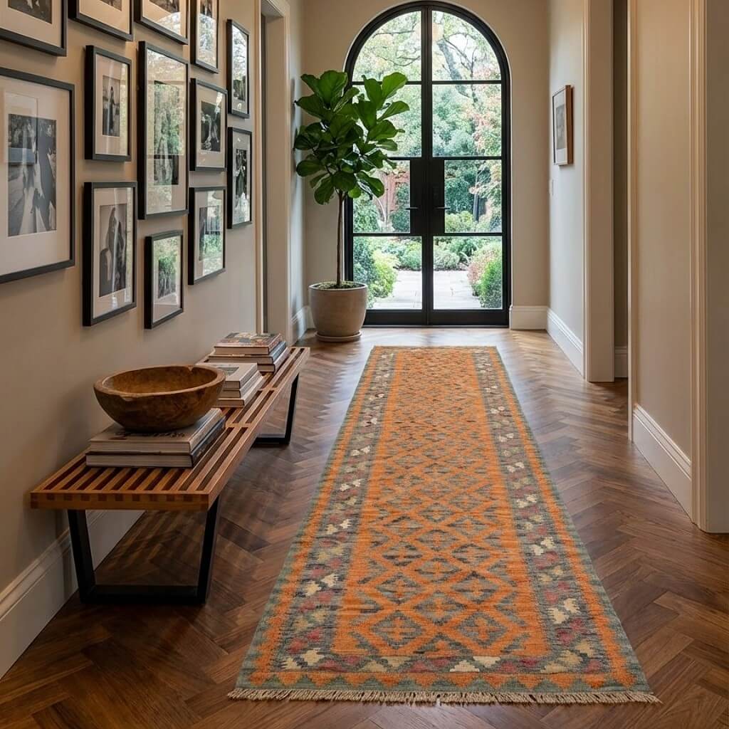 Traversa lunga din lână țesuta plat cu motive geometrice predominant portocaliu pe hol intrare, Kilim Gashghai (403cm x 86cm)