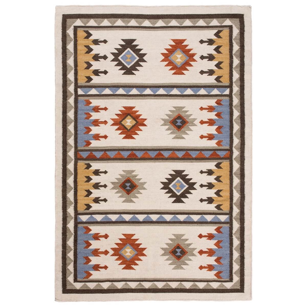 covor kilim sakala gri cu modele geometrice colorate, tesut manual in india