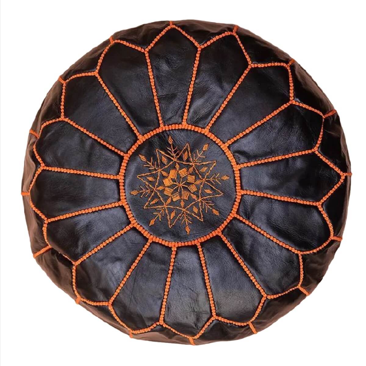 taburet puf marocan din piele naturala de culoare neagra cu cusatura portocalie
