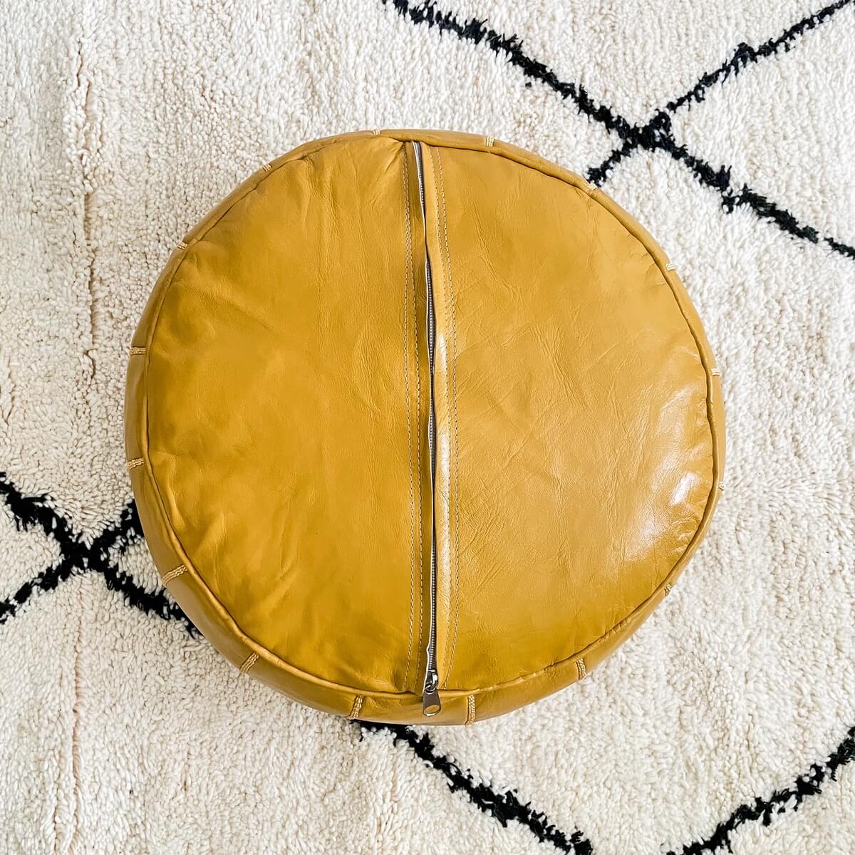 taburet puf autentic marocan din piele naturala de capra, handmade galben, back pouf