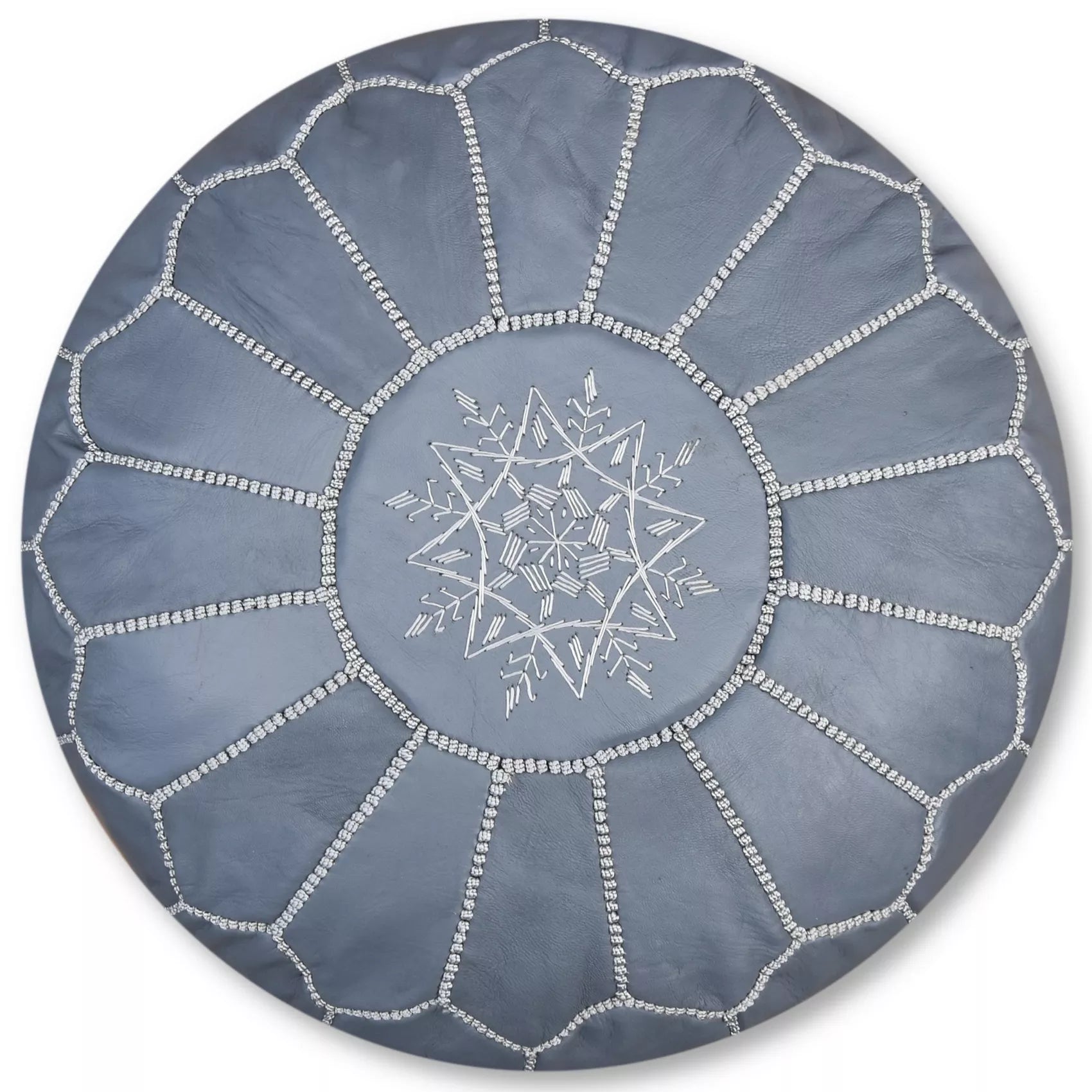 puf autentic marocan din piele de capra gri cu cusatura alba