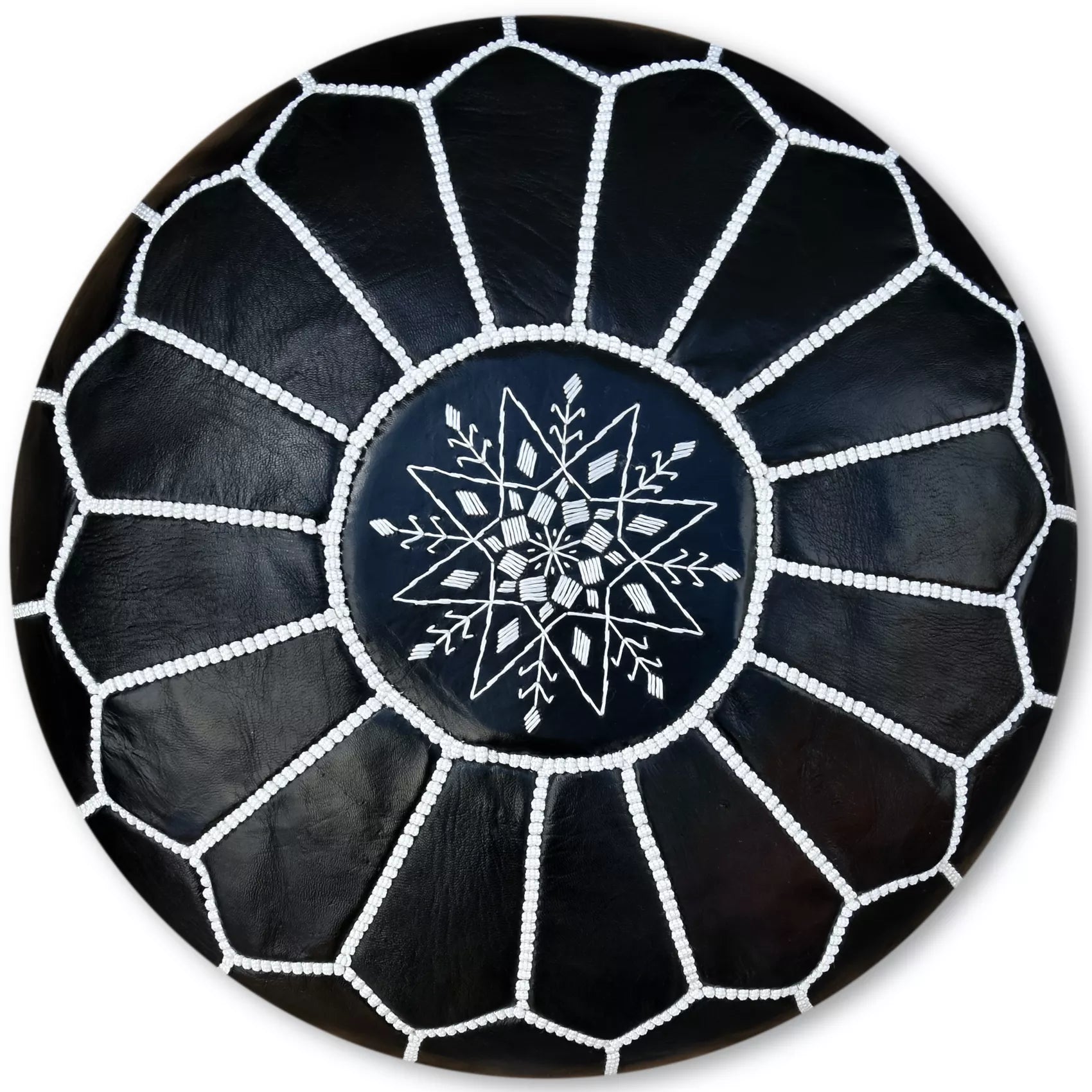 puf marocan autentic din piele naturala de capra de culoare neagra cu model