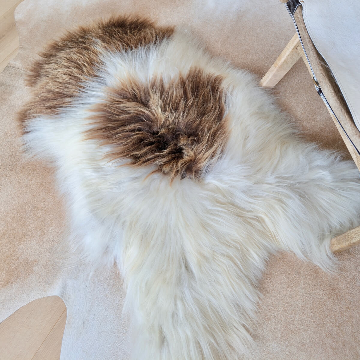 Covor din Blana Naturala de Oaie Islandeza cu fir extra lung de minim 10 cm, Alb si Maro 115 x 80 cm, de sus