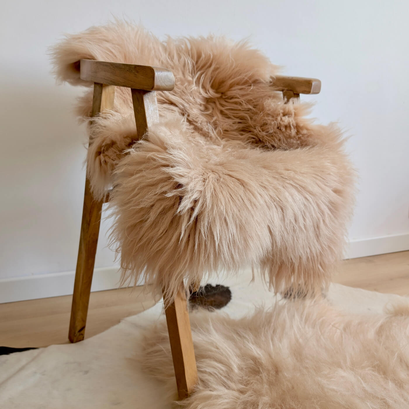 Covor din blană naturală de oaie islandeză cu fir creț și lung de minim 10 cm în nuanță de bej cappuccino. Dens și pufos este foarte versatil în decorul casei - dens si pufos