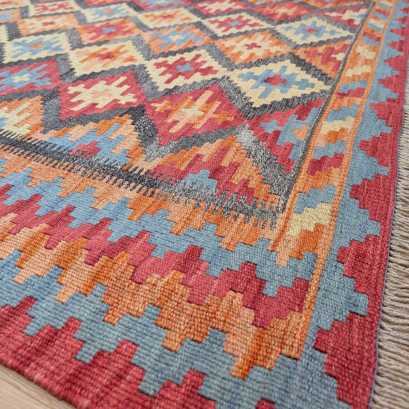 Covor Traditional din Lana - Kilim Gashghai - culori calde rosu, portocaliu, crem 