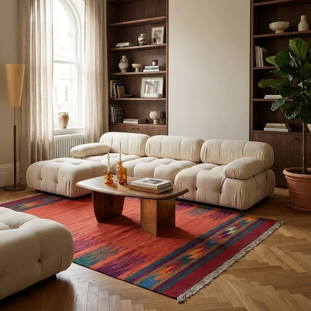 Covor din lână țesut manual multicolor cu design modern Kilim Gashghai (187cm x 129cm) in fata unei canapele bej cu efect de contrast