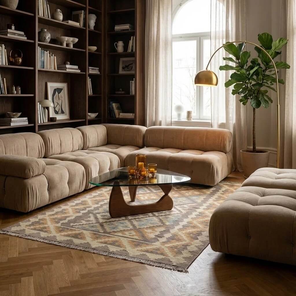 Covor din lână țesut manual in motive specifice triburilor persane in bejuri si gri Kilim Gashghai (179cm x 122cm) in camera de zi