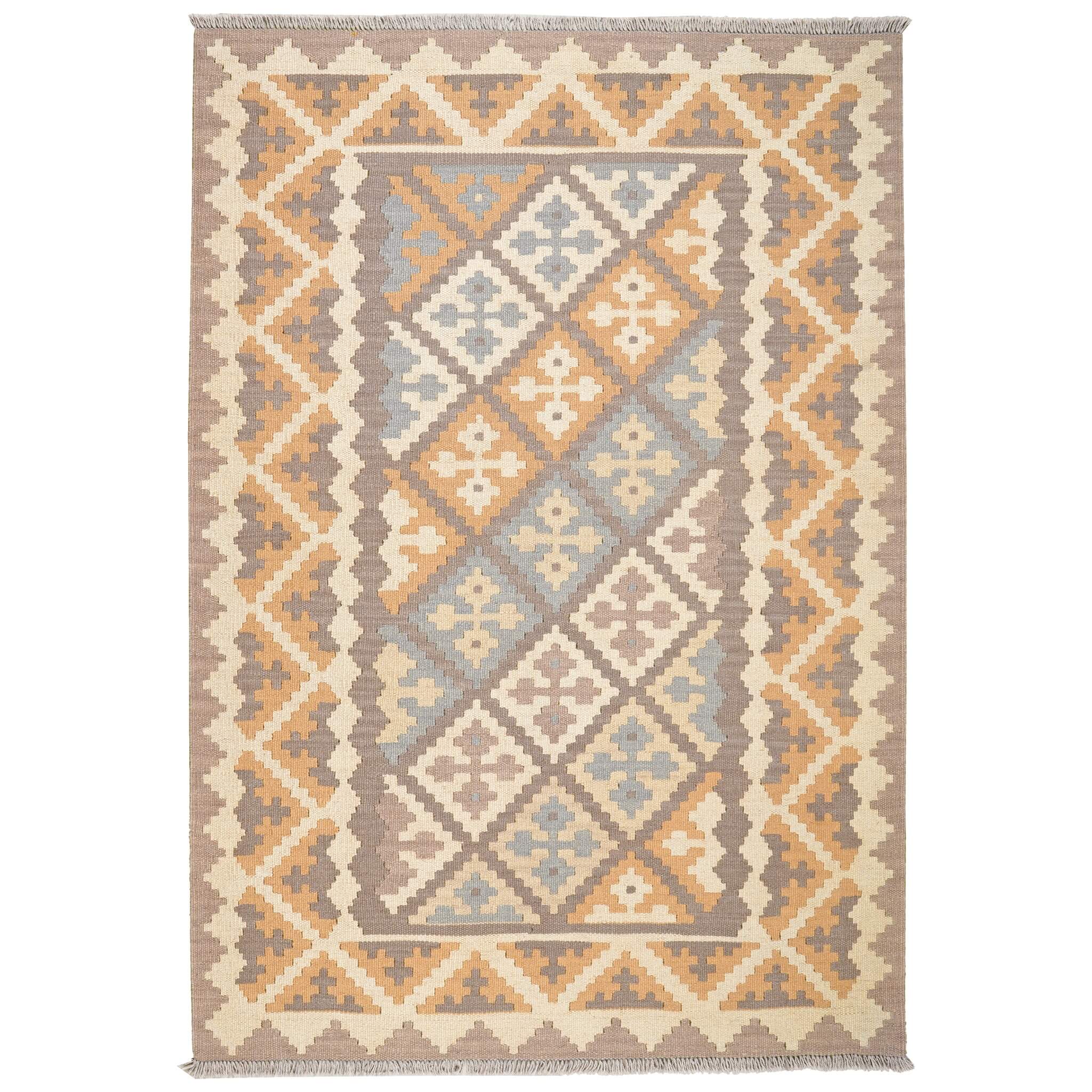 Covor din lână țesut manual in motive specifice triburilor persane in bejuri si gri Kilim Gashghai (179cm x 122cm)
