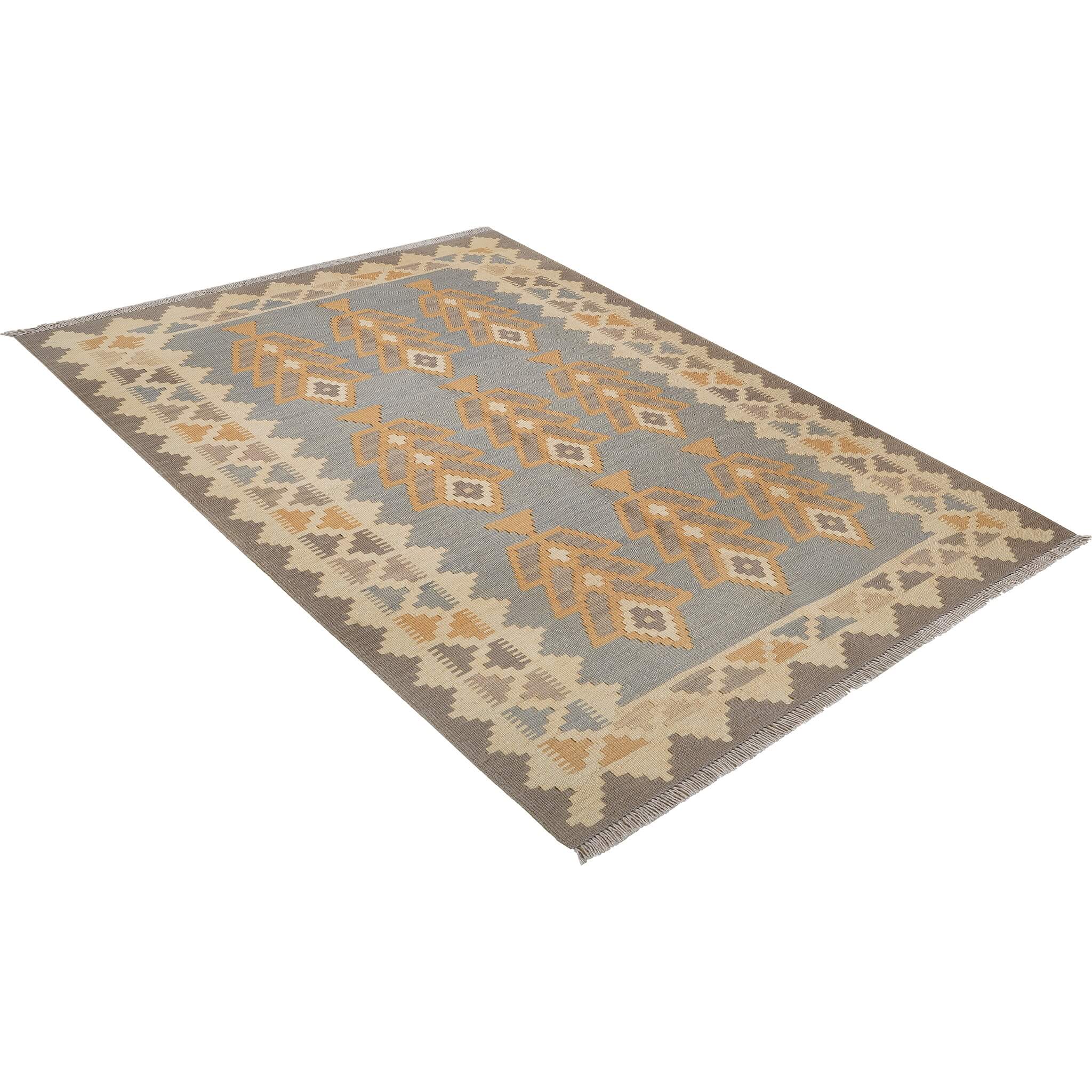 Covor din lână țesut plat in motive specifice triburilor persane bejuri si gri Kilim Gashghai (178cm x 122cm)