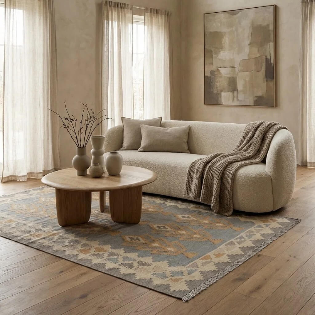 Covor din lână țesut manual in motive traditionale persane in bejuri si gri Kilim Gashghai (178cm x 122cm)