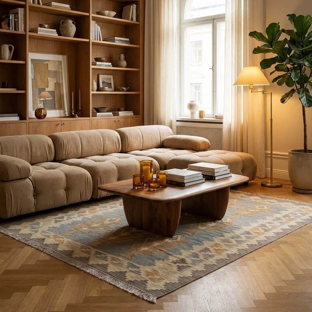 Covor din lână țesut manual in motive specifice triburilor persane bejuri si gri Kilim Gashghai (178cm x 122cm) intr-un decor cu canapea si masuta in camera de zi