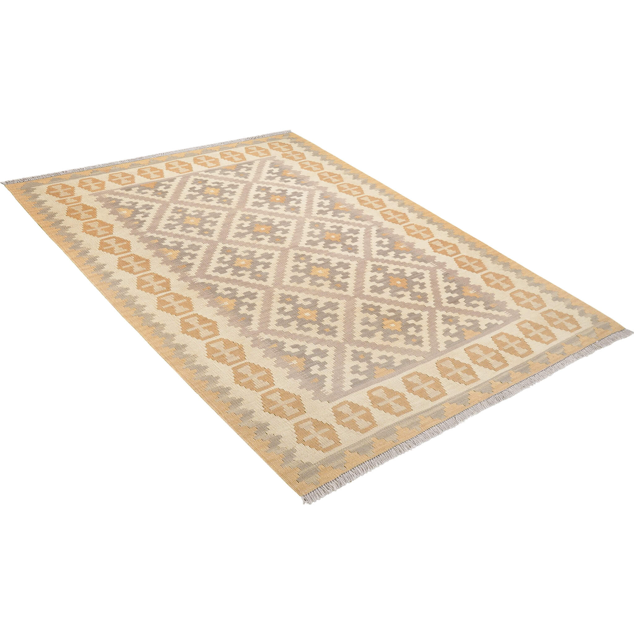 Covor din lână cu tesatura plata in motive geometrice cu nuante de bej si gri Kilim Gashghai (182cm x 129cm)