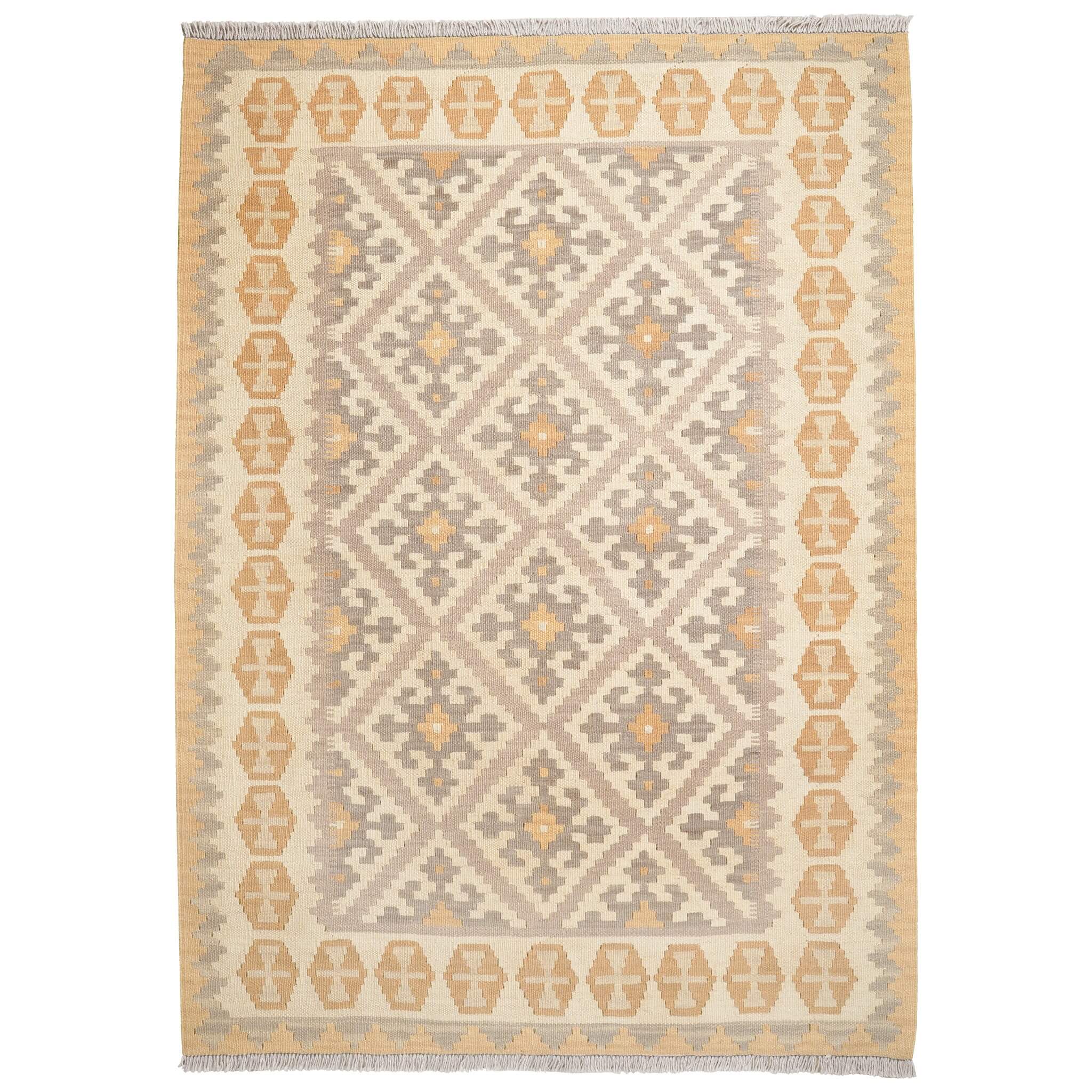 Covor din lână țesut manual cu motive geometrice in nuante de bej si gri Kilim Gashghai (182cm x 129cm)
