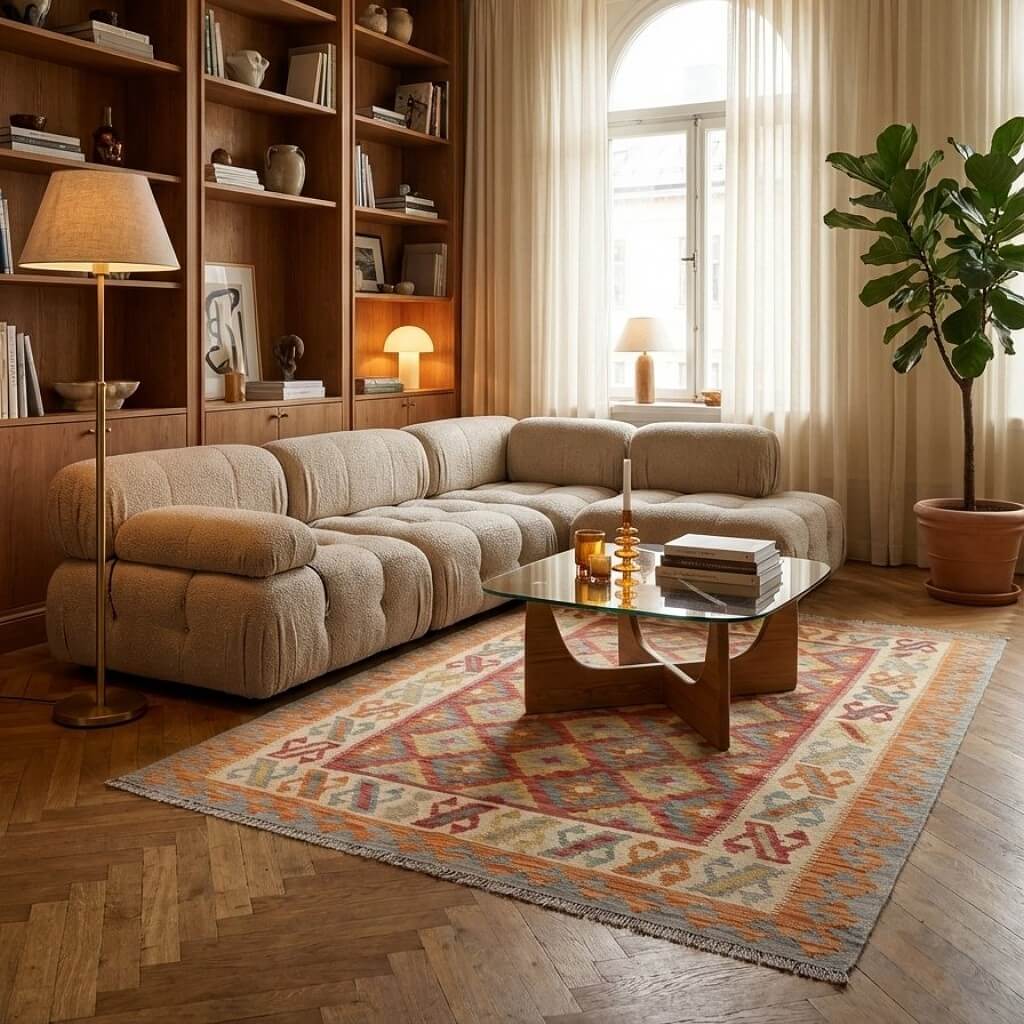 Covor din lână țesut manual multicolor cu motive geometrice Kilim Gashghai (242cm x 171cm) de dimensiuni medii