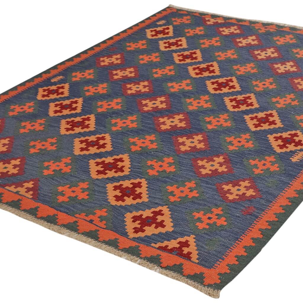 Covor traditional din lână țesut play in nuante de portocaliu, terracotta si albastru Kilim Gashghai (207cm x 156cm)