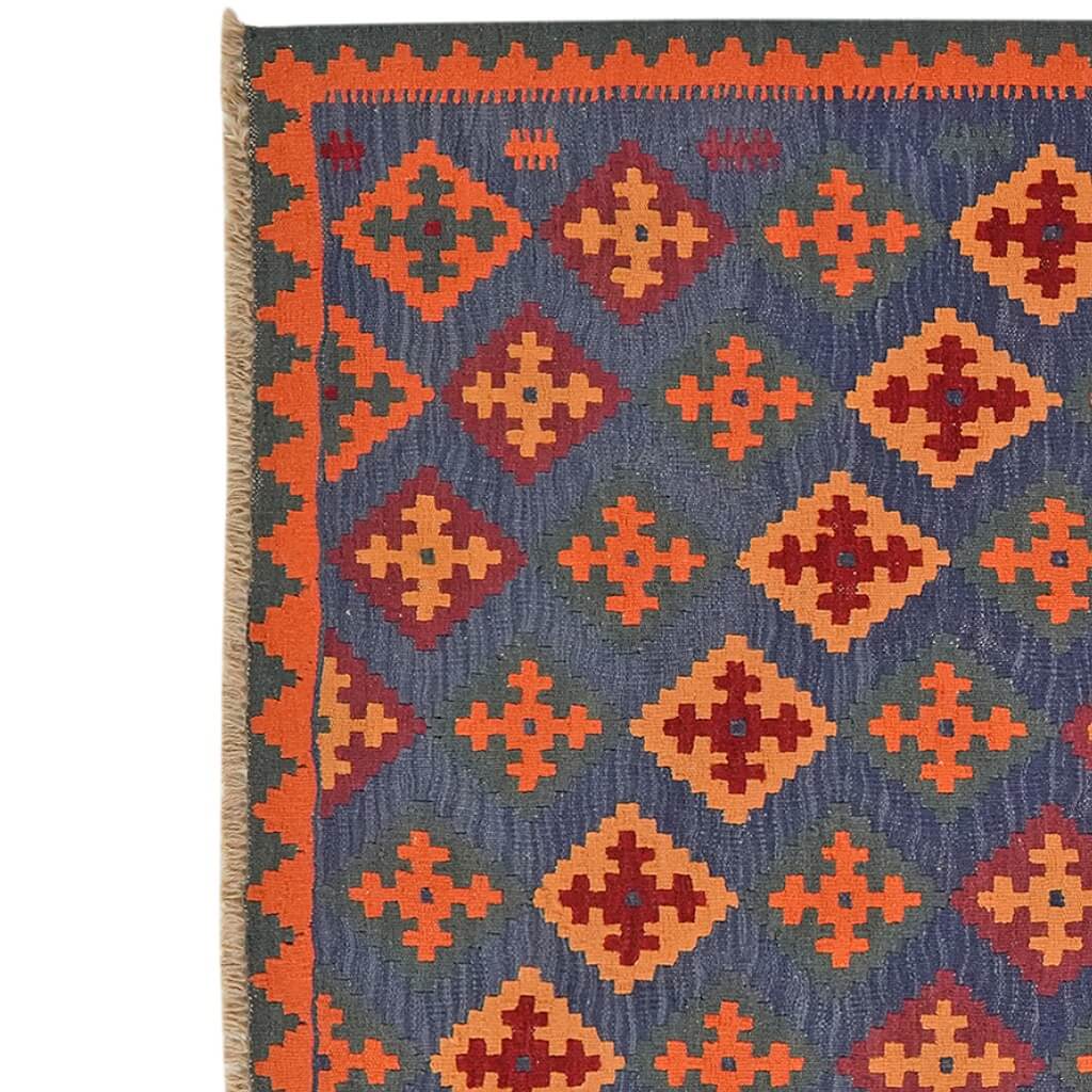 Covor traditional din lână țesut manual in nuante de portocaliu, terracotta si albastru Kilim Gashghai (207cm x 156cm) cu franjuri mici