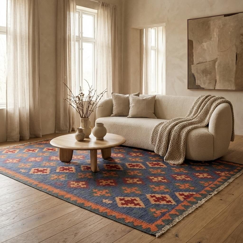 Covor traditional din lână țesut manual in nuante de portocaliu, terracotta si albastru Kilim Gashghai (207cm x 156cm) in fata canapelei