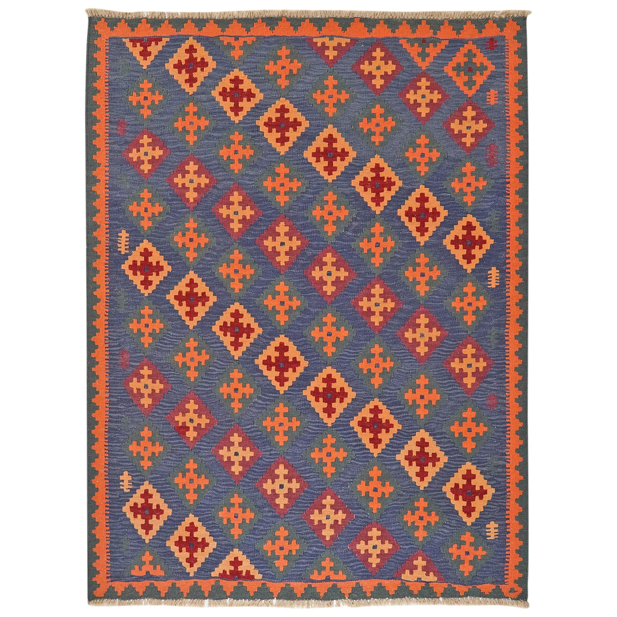 Covor traditional din lână țesut manual in nuante de portocaliu, terracotta si albastru Kilim Gashghai (207cm x 156cm)