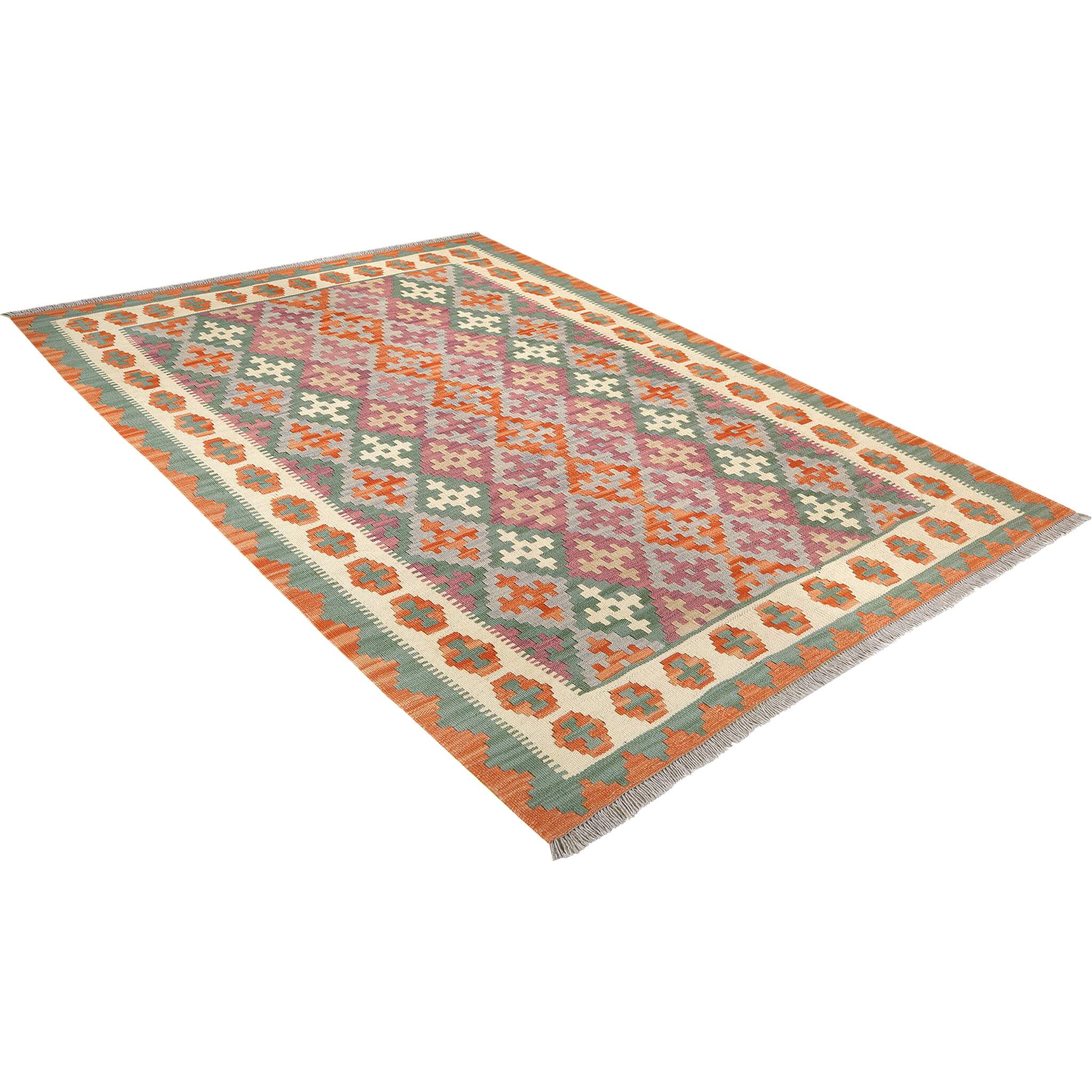 Covor din lână multicolor cu tesatura plata cu un design cu forme geometrice Kilim Gashghai (198cm x 154cm)