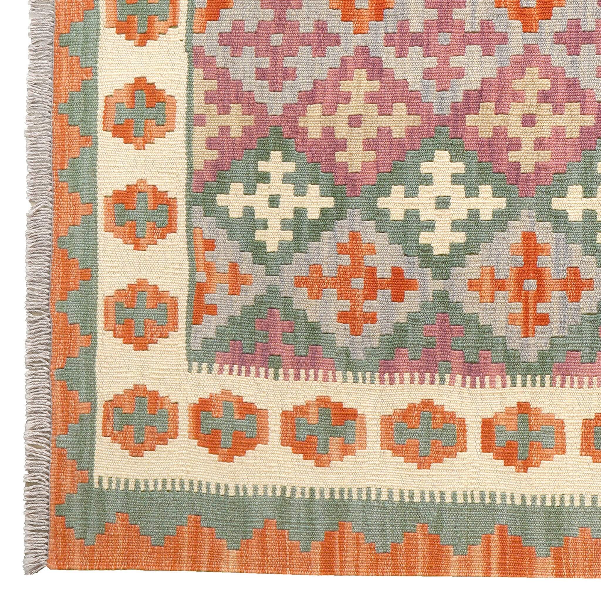 Covor din lână multicolor țesut manual cu forme geometrice Kilim Gashghai (198cm x 154cm) cu franjuri scurti