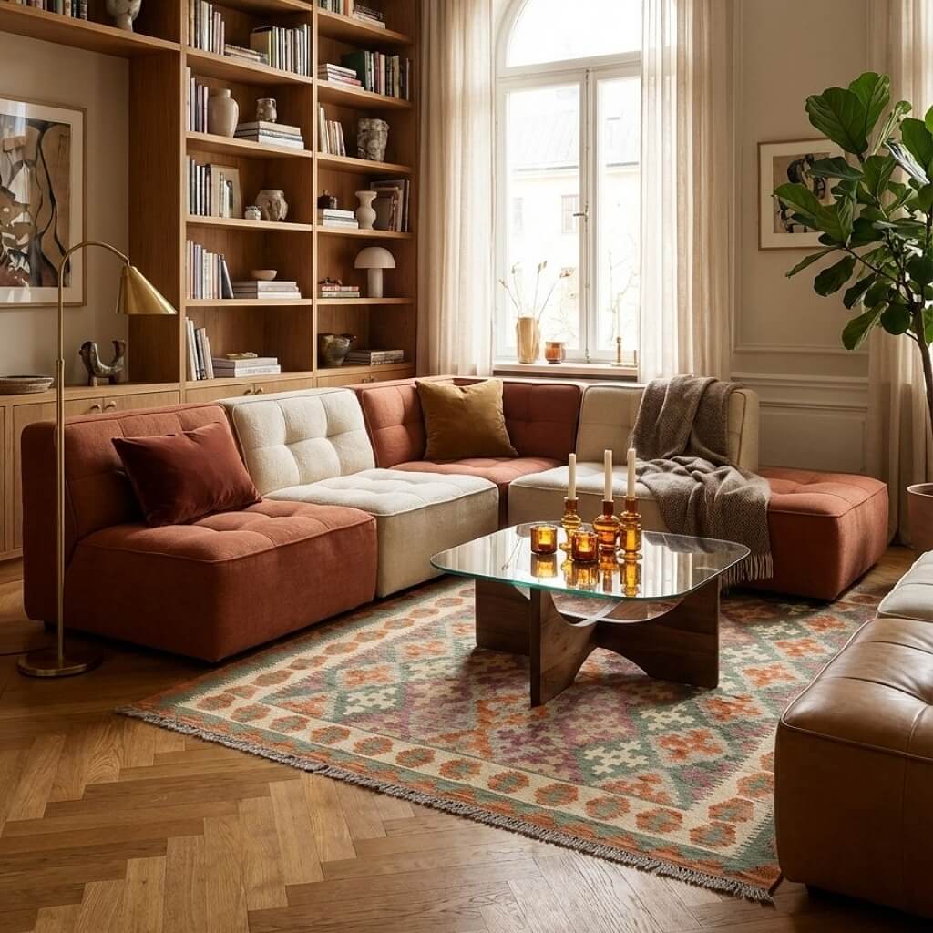 Covor din lână multicolor țesut manual cu forme geometrice Kilim Gashghai (198cm x 154cm) in fata unei canapele modulare