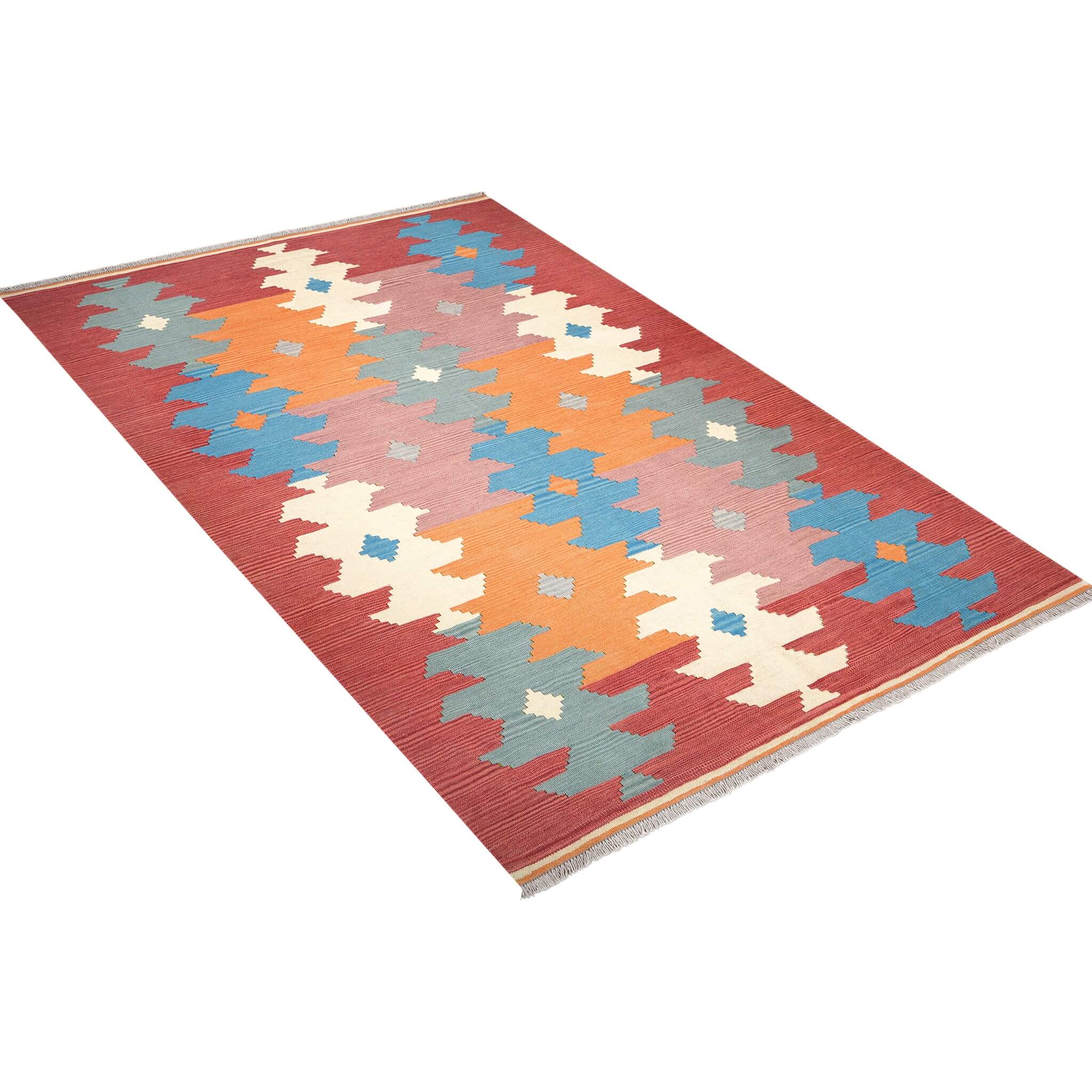 Covor din lână cu tesatura plata multicolor cu margini terracotta Kilim Gashghai (242cm x 169cm)