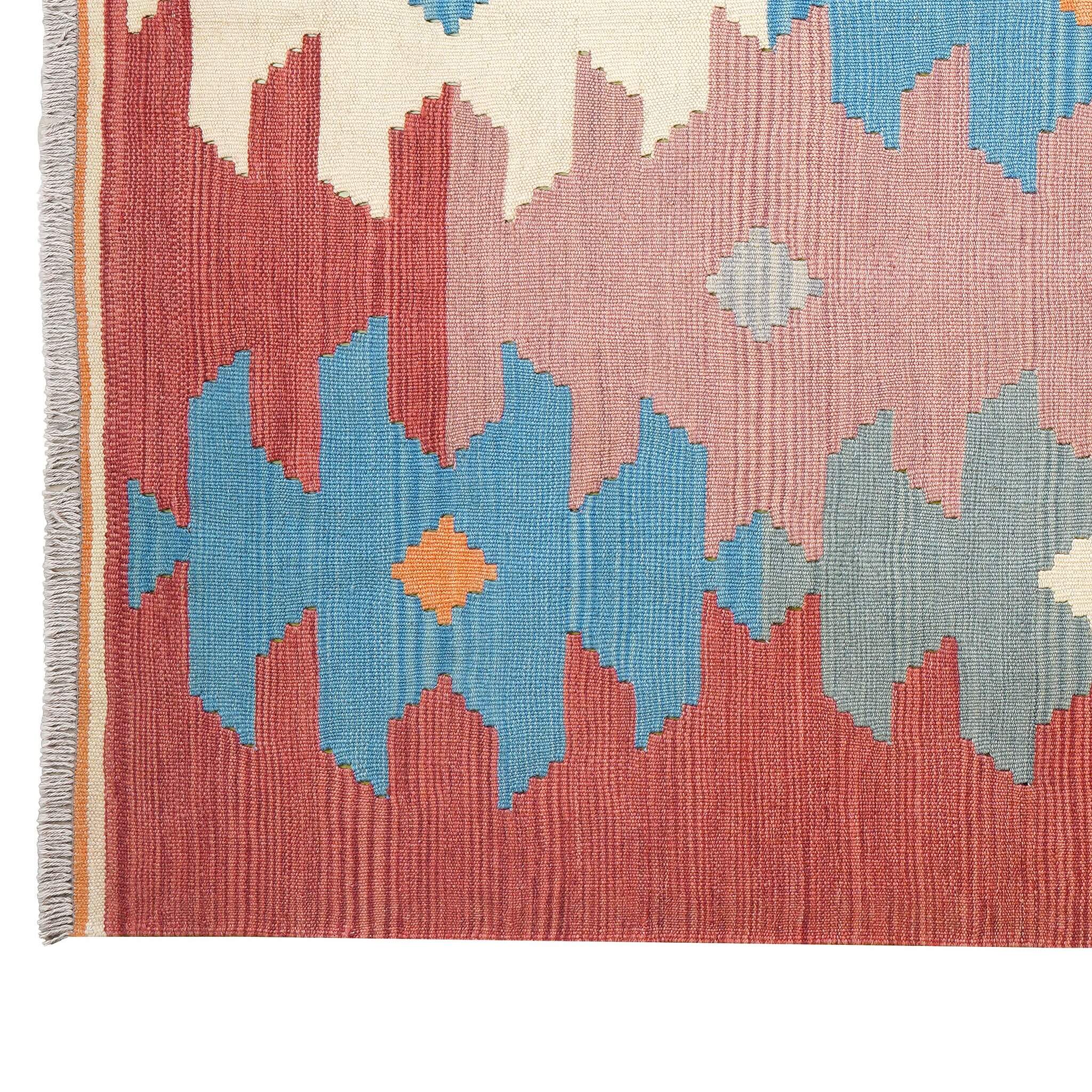 Covor din lână țesut manual cu design modern multicolor cu margini terracotta Kilim Gashghai (242cm x 169cm)