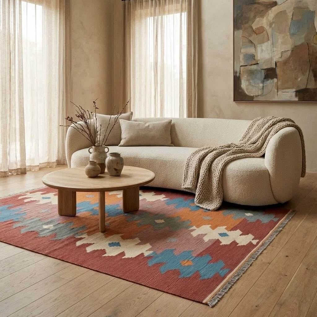 Covor din lână țesut manual multicolor cu margini terracotta Kilim Gashghai (242cm x 169cm) de dimensiuni medii in living