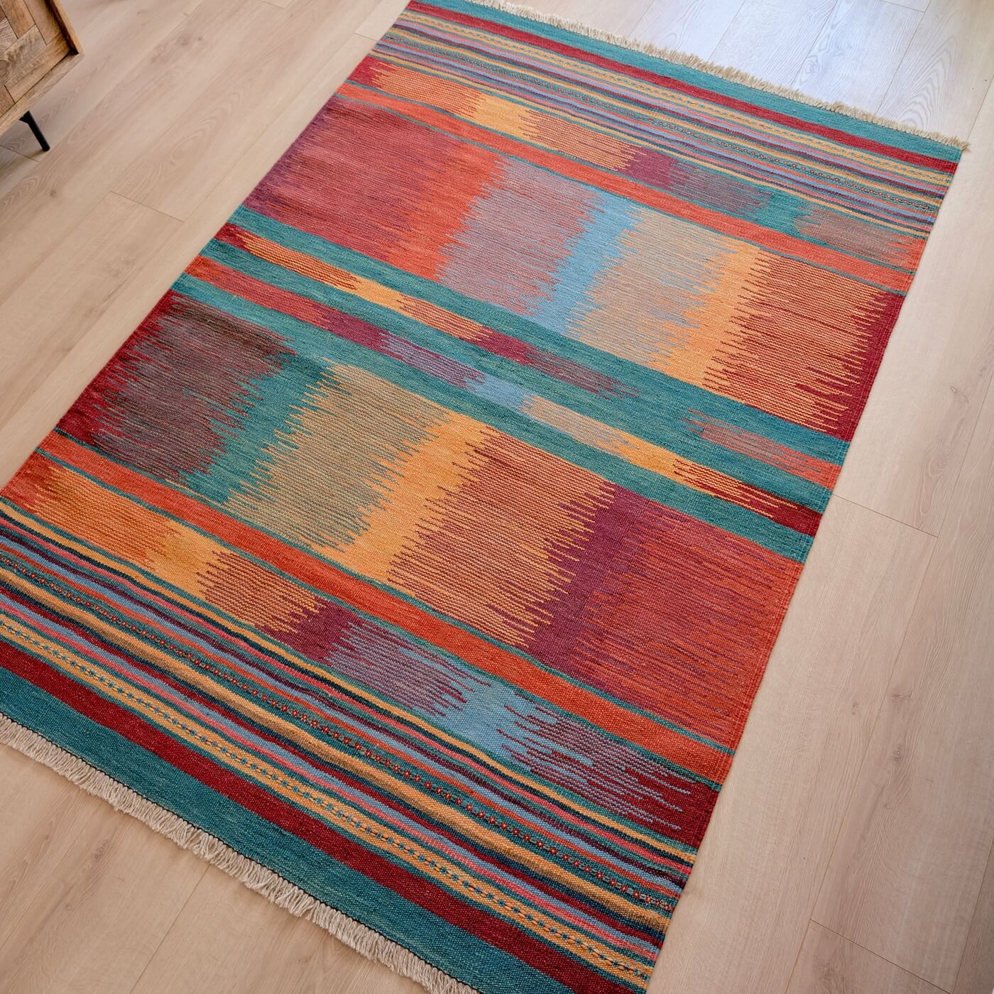 Covor din Lână Țesut Manual - Kilim Gashghai (181cm x 128cm) - model modern contemporan - multicolor - subțire, reversibil, țesătură plată - pe podea