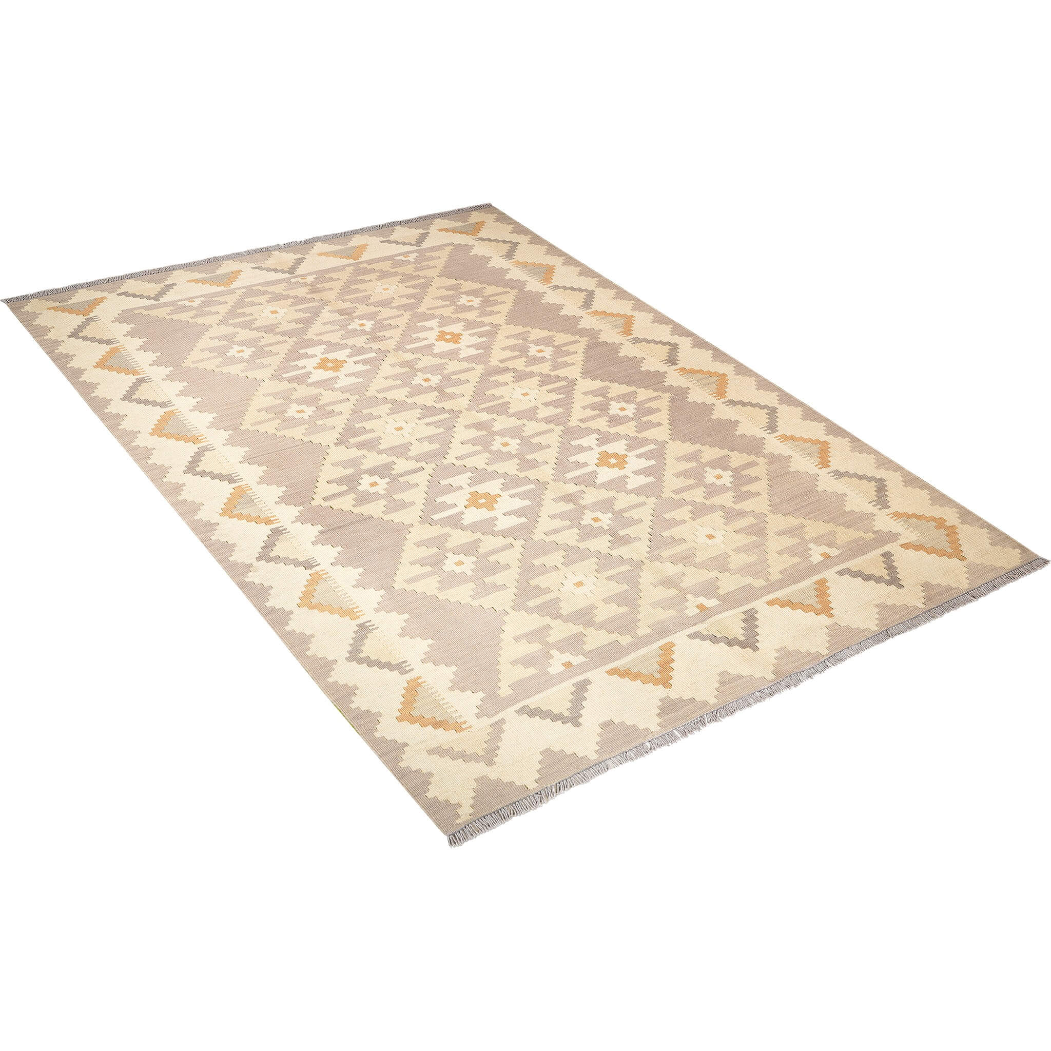 Covor din lână țesut manual cu motive traditionale din sudul Iranului in nuante de gri si bej Kilim Gashghai (228cm x 171cm)