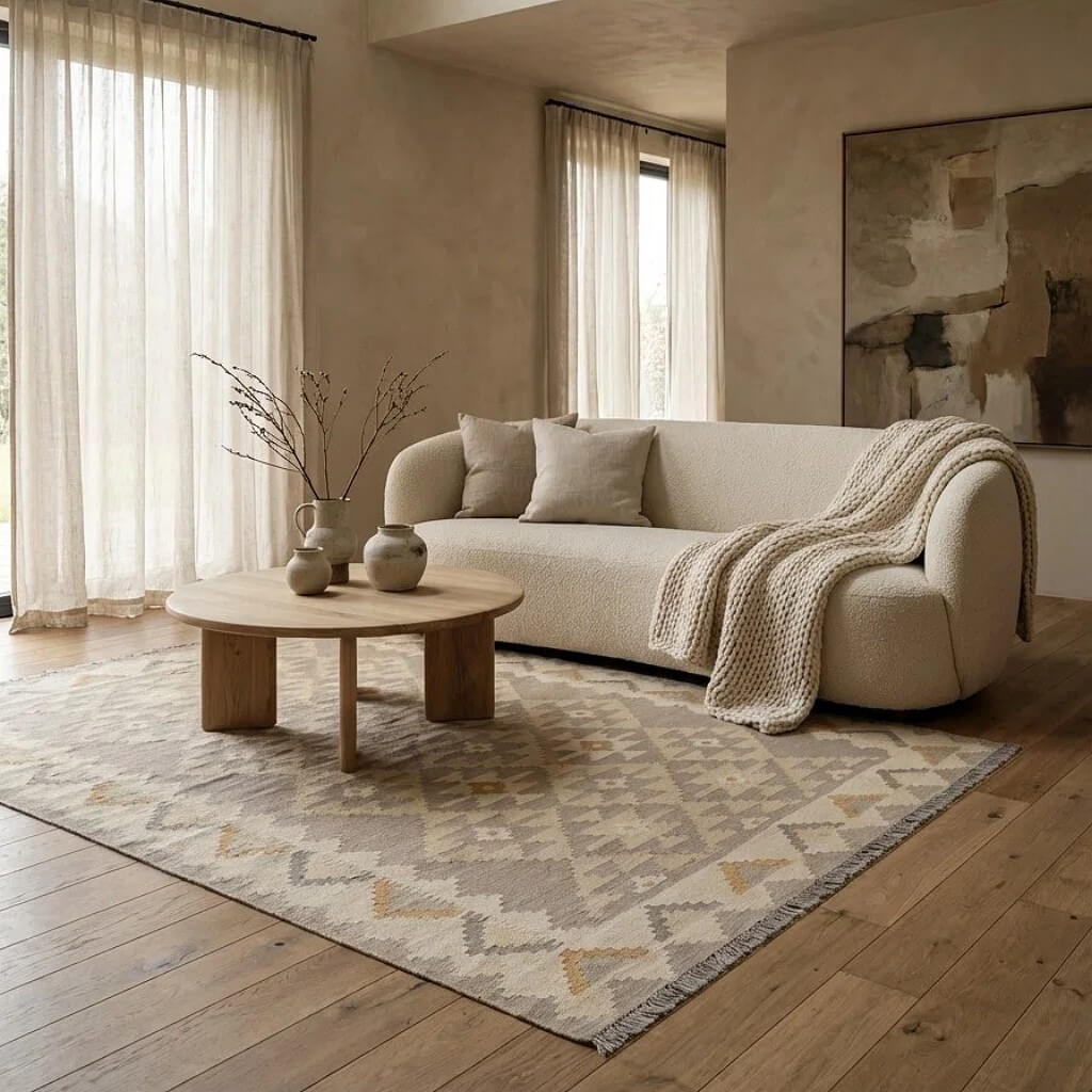 Covor din lână țesut manual in nuante de gri si bej Kilim Gashghai (228cm x 171cm) de dimensiuni medii intr-o camera de zi luminoasa