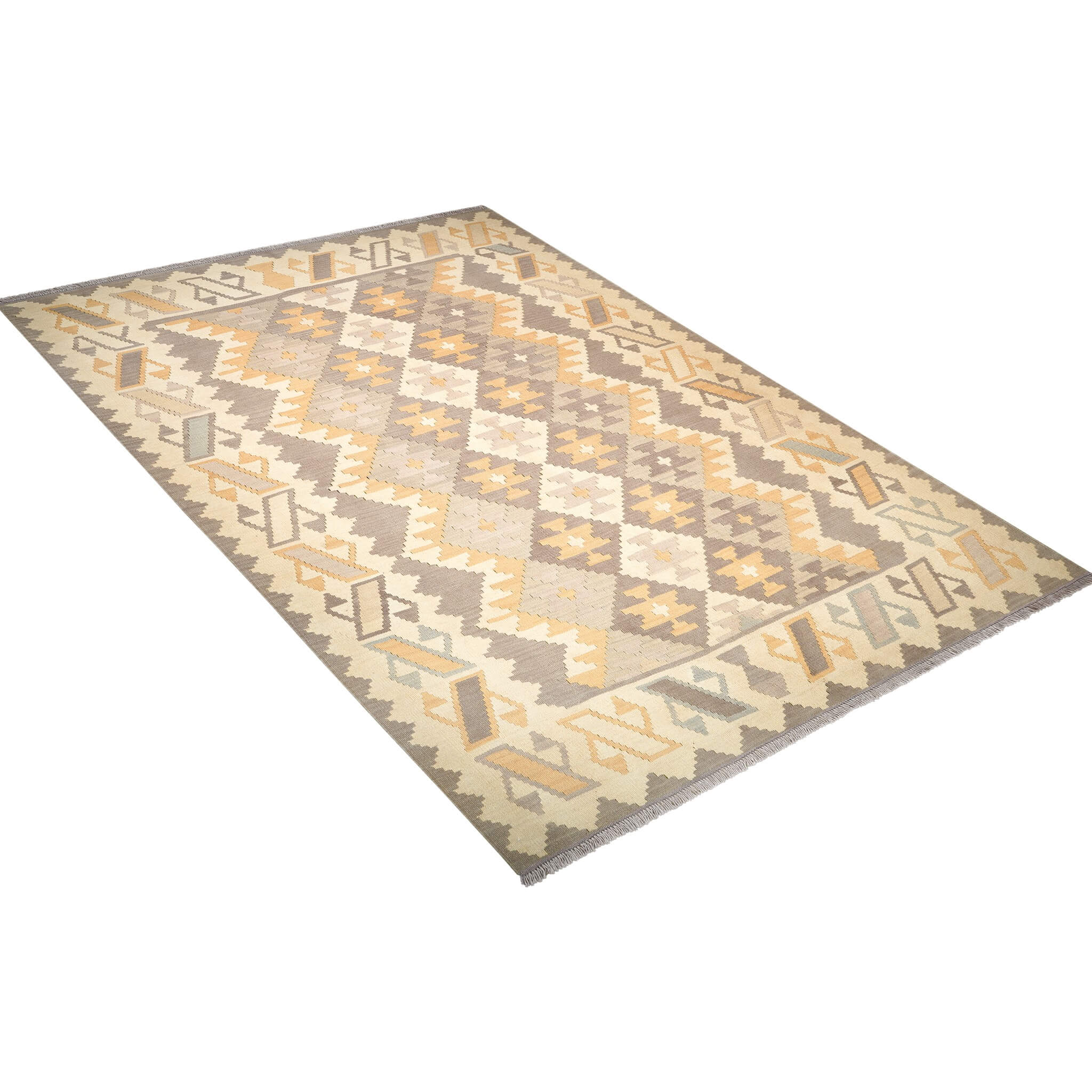 Covor din lână cu tesatura plata in motive geometrice in nuante de bej si gri Kilim Gashghai (285cm x 201cm)