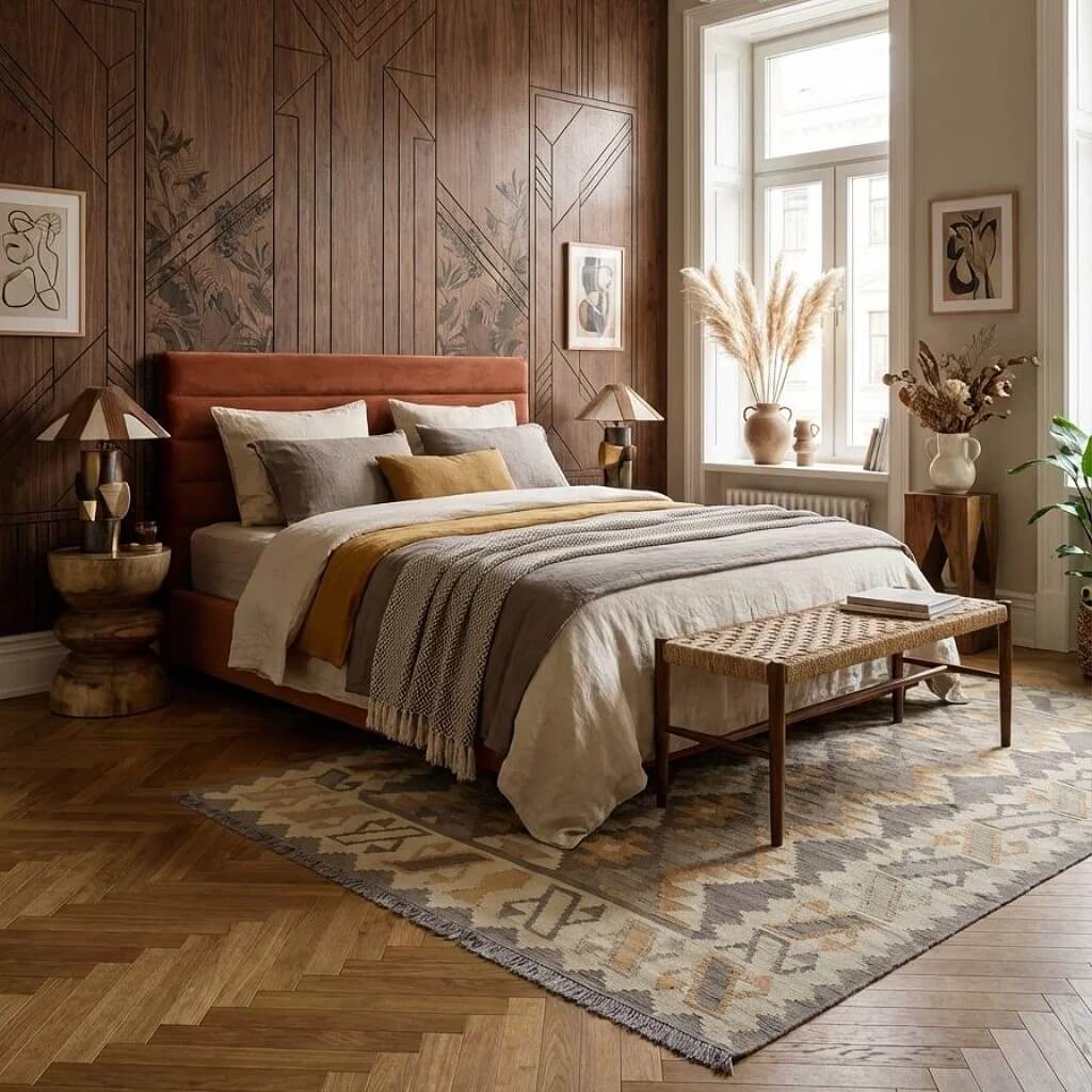 Covor din lână țesut manual cu motive geometrice in nuante de bej si gri Kilim Gashghai (285cm x 201cm) de dimensiuni mari intr-un dormitor luxos