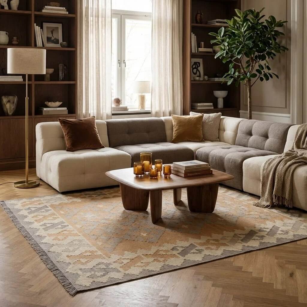 Covor din lână țesut manual cu motive geometrice in nuante de bej si gri Kilim Gashghai (229cm x 174cm) intr-o camera luminoasa