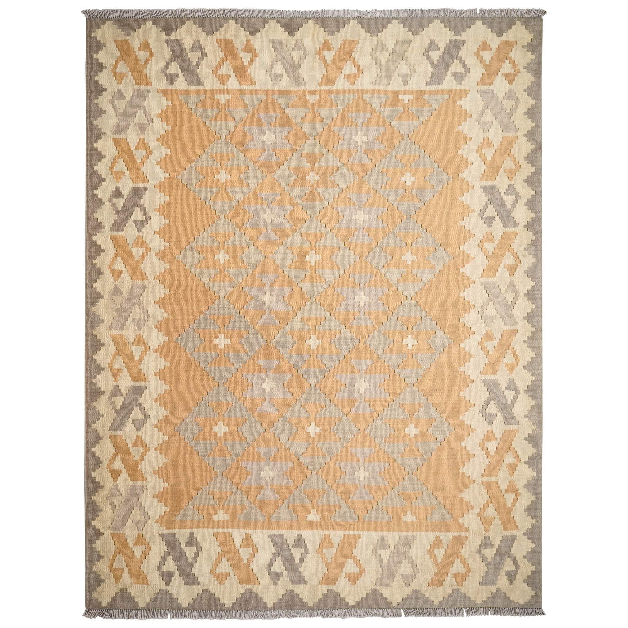 Covor din lână țesut manual cu motive geometrice in nuante de bej si gri Kilim Gashghai (229cm x 174cm)